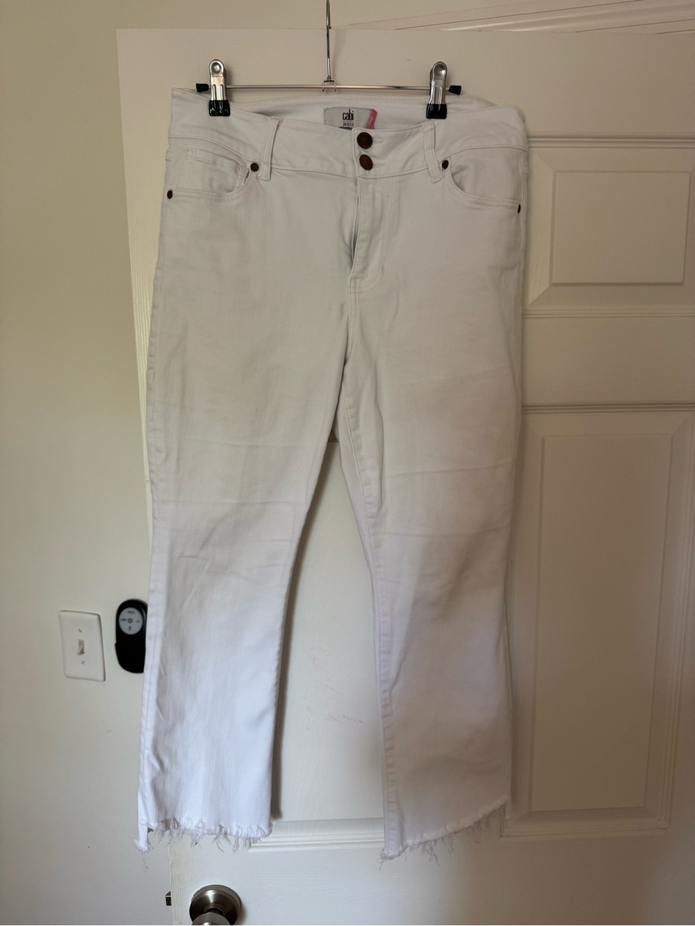 CAbi White Crop Flare Jeans with Raw Hem